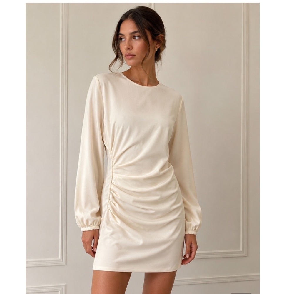 NWT Zara Women Cream Ruched Side Cutout Long Sleeve Mini Dress Size M